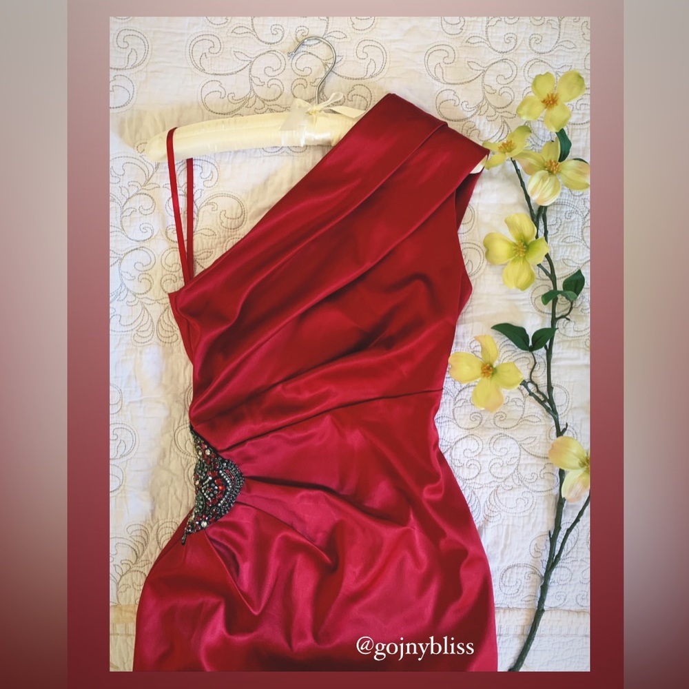 ELIZA J • Vibrant Luxury Satin Bead Embellished Coctail Deep Red Dress Size 2